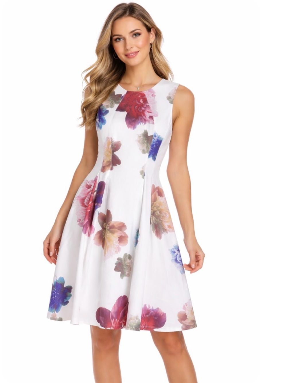 Calvin Klein Ponte White Floral Print Sleeveless Fit & Flare Party Dress Size 6